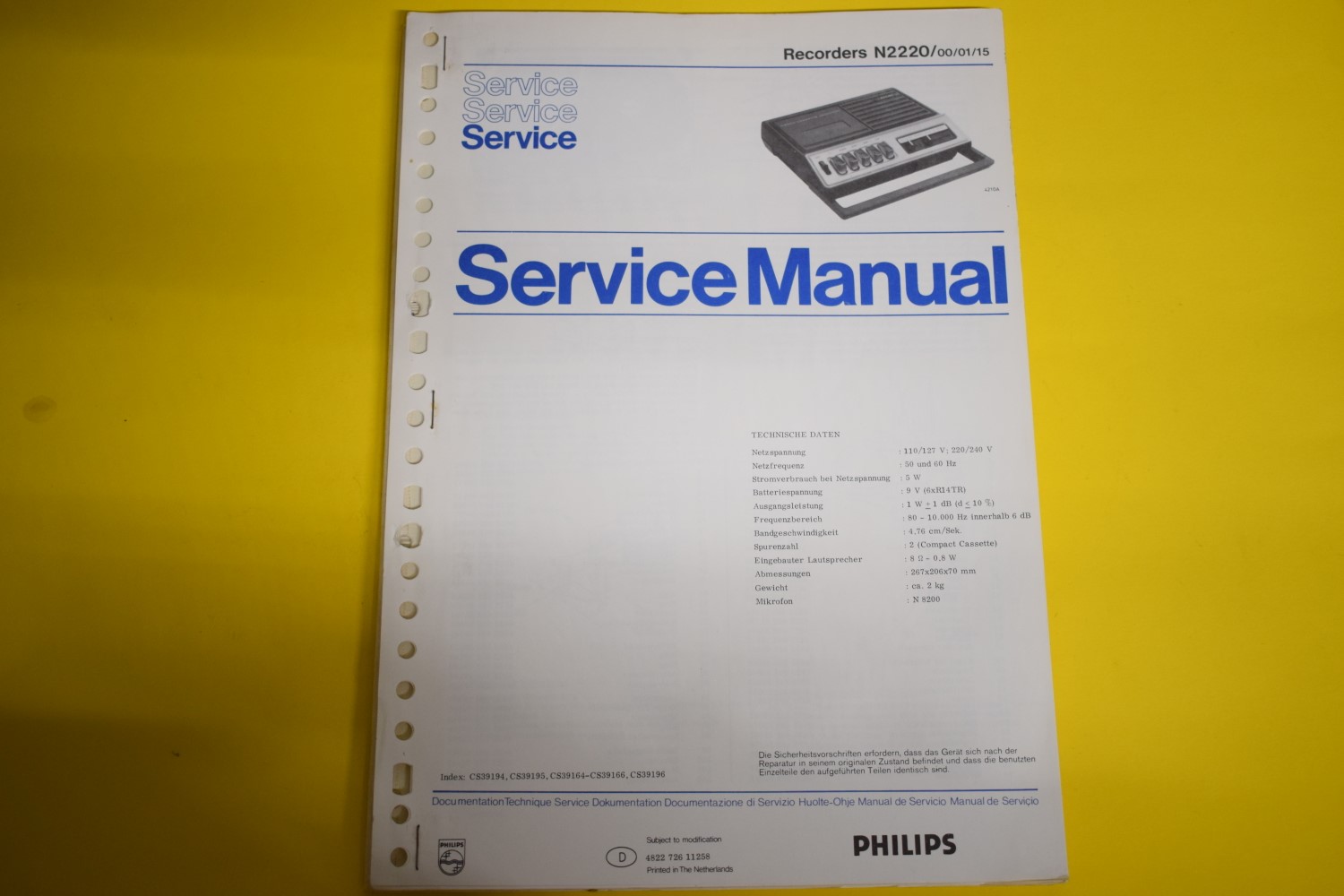 Philips N2220 cassettedeck Service Manual – Duits