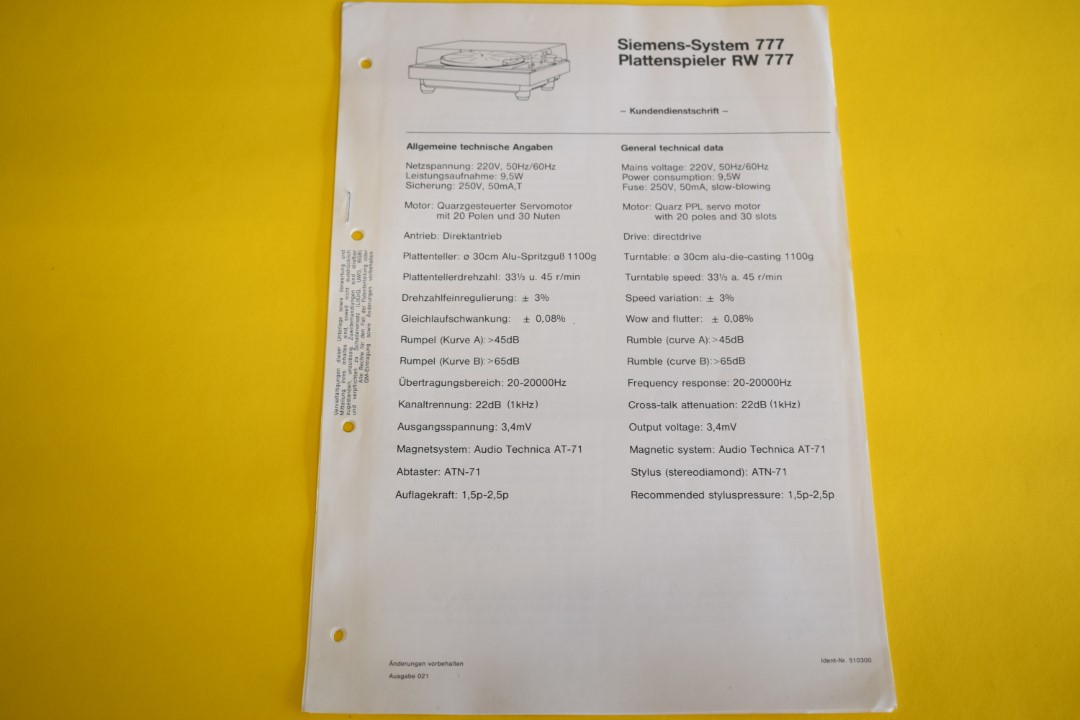 Siemens RW 777 Platenspeler Service Manual