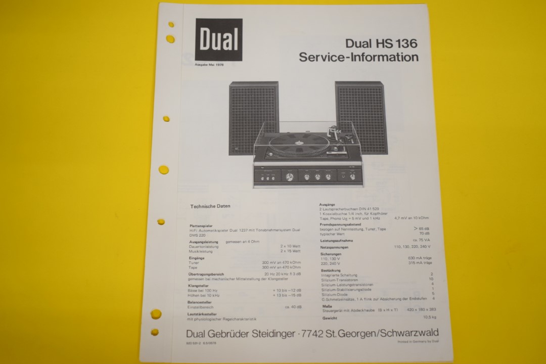 Dual HS 136 Platenspeler / Versterker / Luidspreker Service Manual