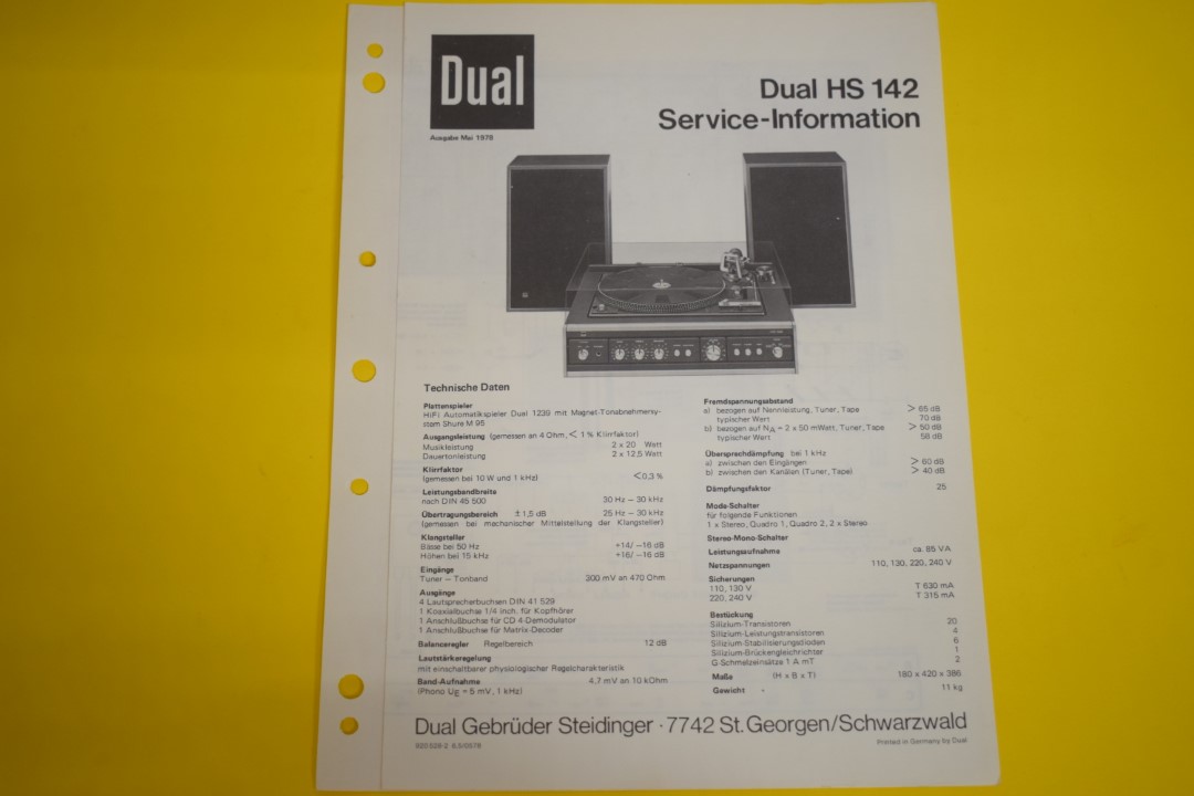 Dual HS 142 Platenspeler / Versterker / Luidspreker Service Manual