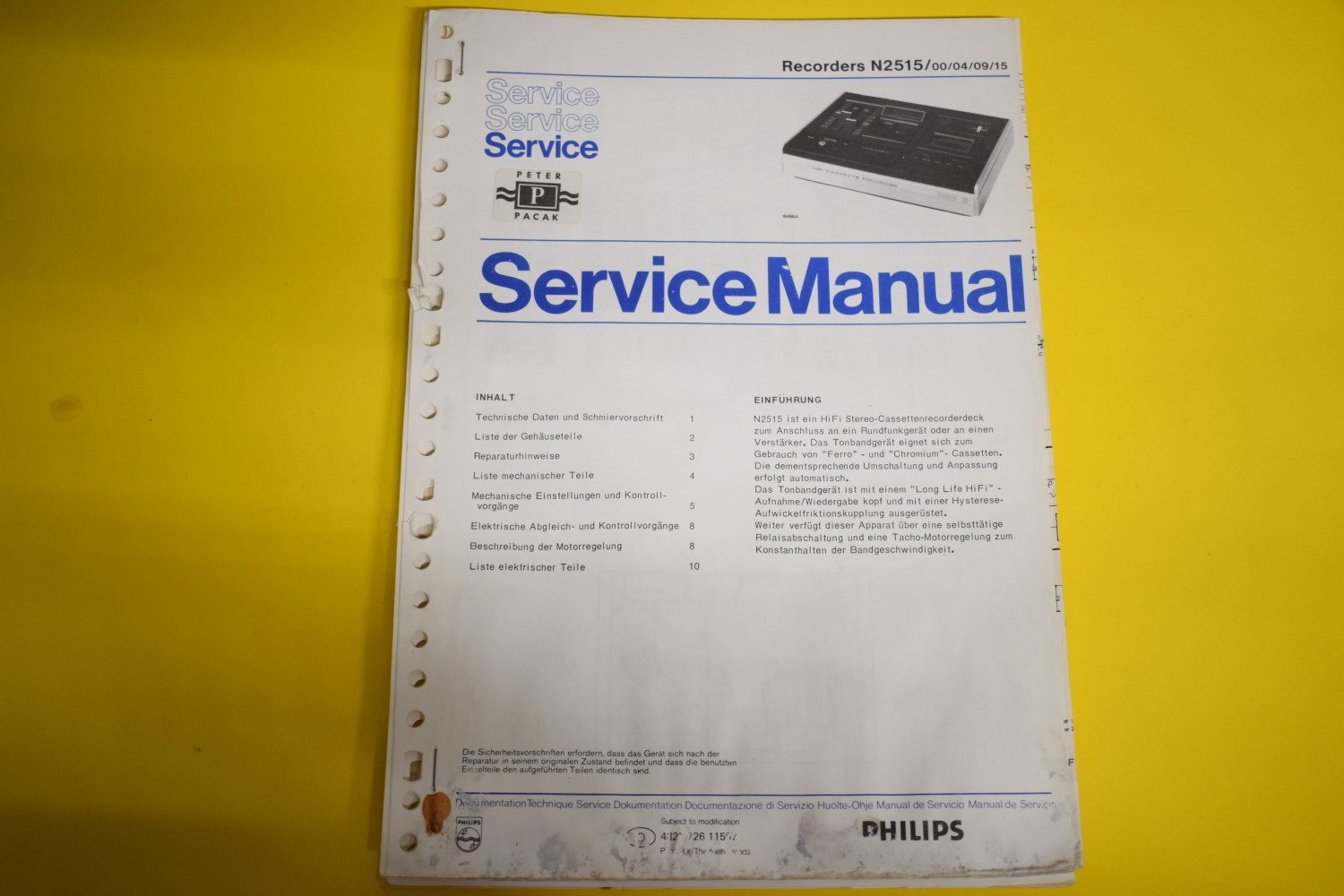 Philips N2515 cassettedeck Service Manual – Duits
