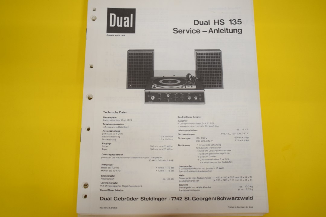 Dual HS 135 Platenspeler / Versterker / Luidspreker Service Manual