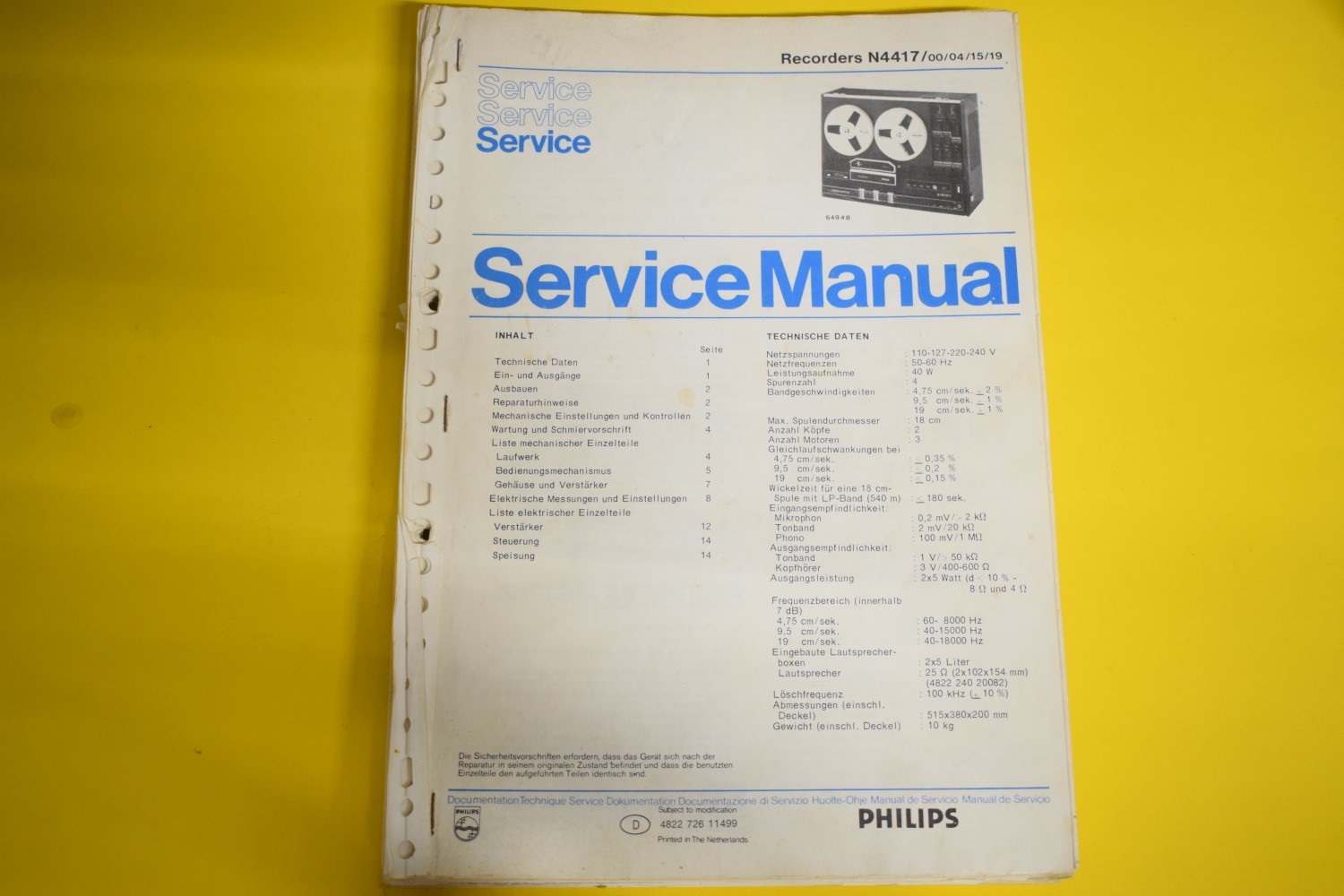 Philips N4417 bandrecorder Service Manual – Duits