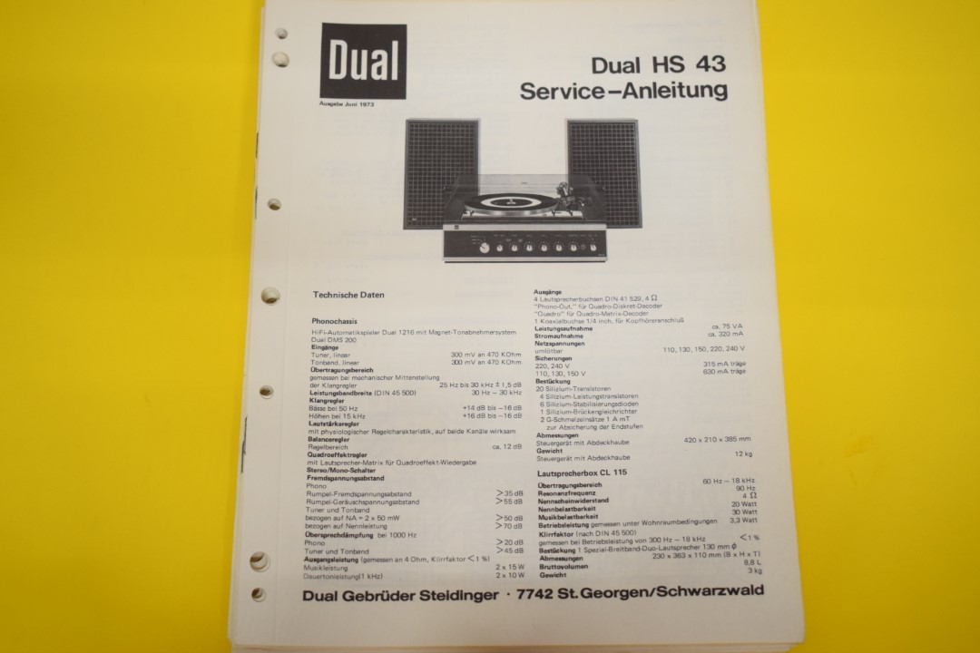 Dual HS 43 Platenspeler / Versterker / Luidspreker Service Manual
