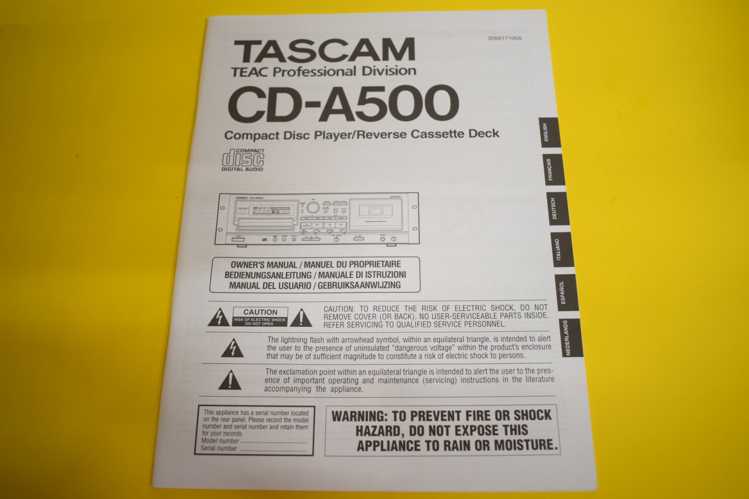 Tascam CD-A500 CD-Speler/Cassettedeck combinatie Gebruikershandleiding