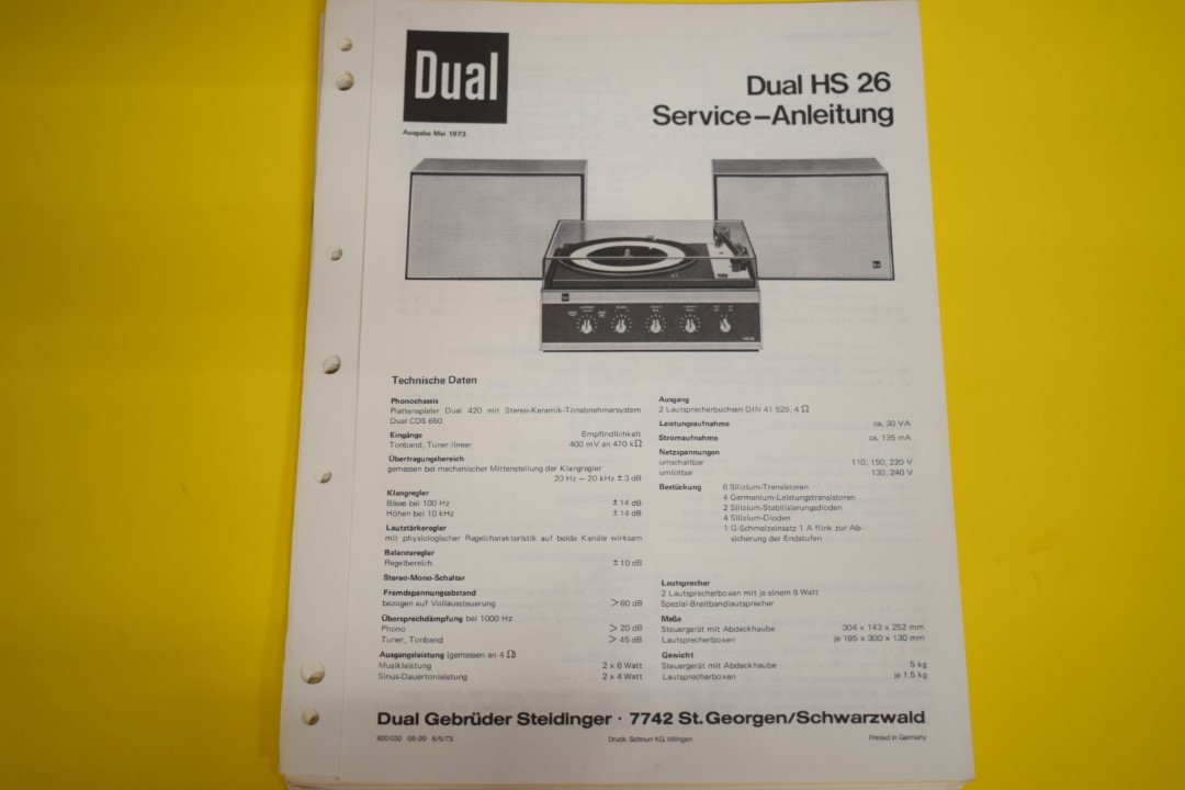 Dual HS 26 Platenspeler / Versterker / Luidspreker Service Manual