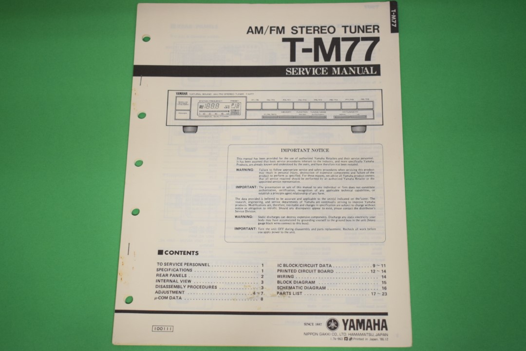 Yamaha T-M77 Tuner Service Manual