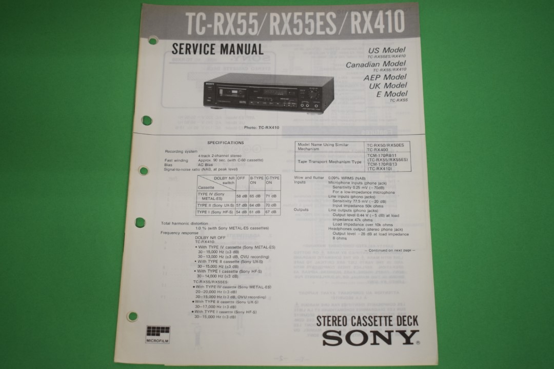 Sony TC-RX55 / RX55ES / RX410 Stereo cassettedeck Service Manual